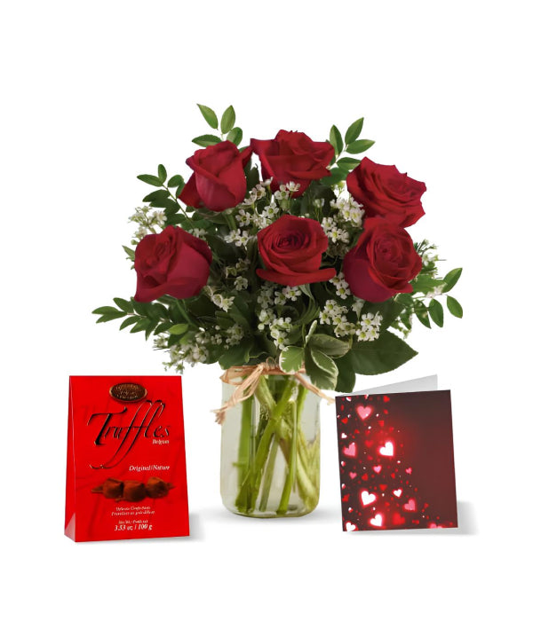 Sweetheart roses in mason jar with truffles and card