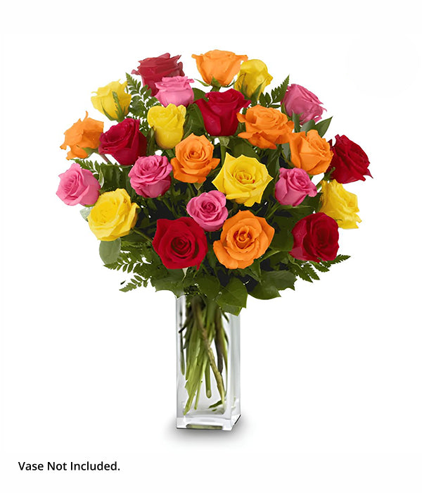 Two dozen long stem mixed roses in a vase