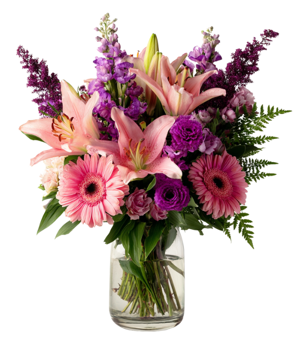 Pink lilac flower bouquet in glass vase
