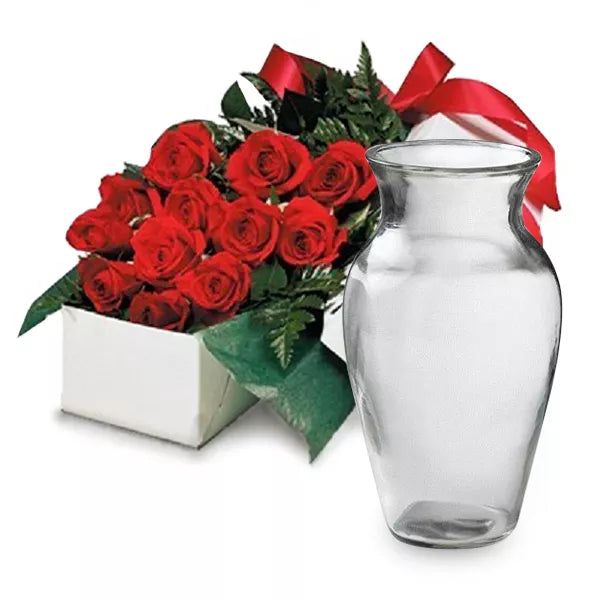 Red roses in box with vase